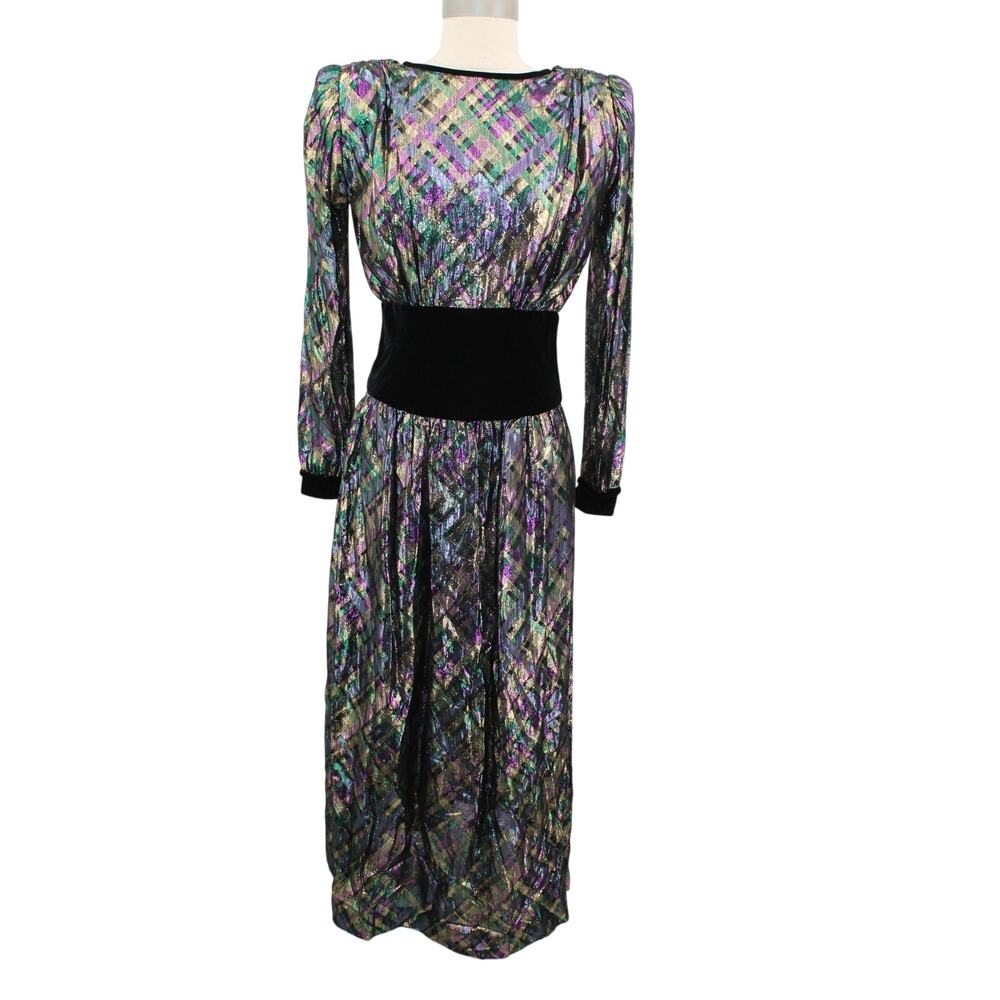 Vintage VICTORIA ROYAL LTD Evening Dress Size 6 Padded Shoulder Bow Multi